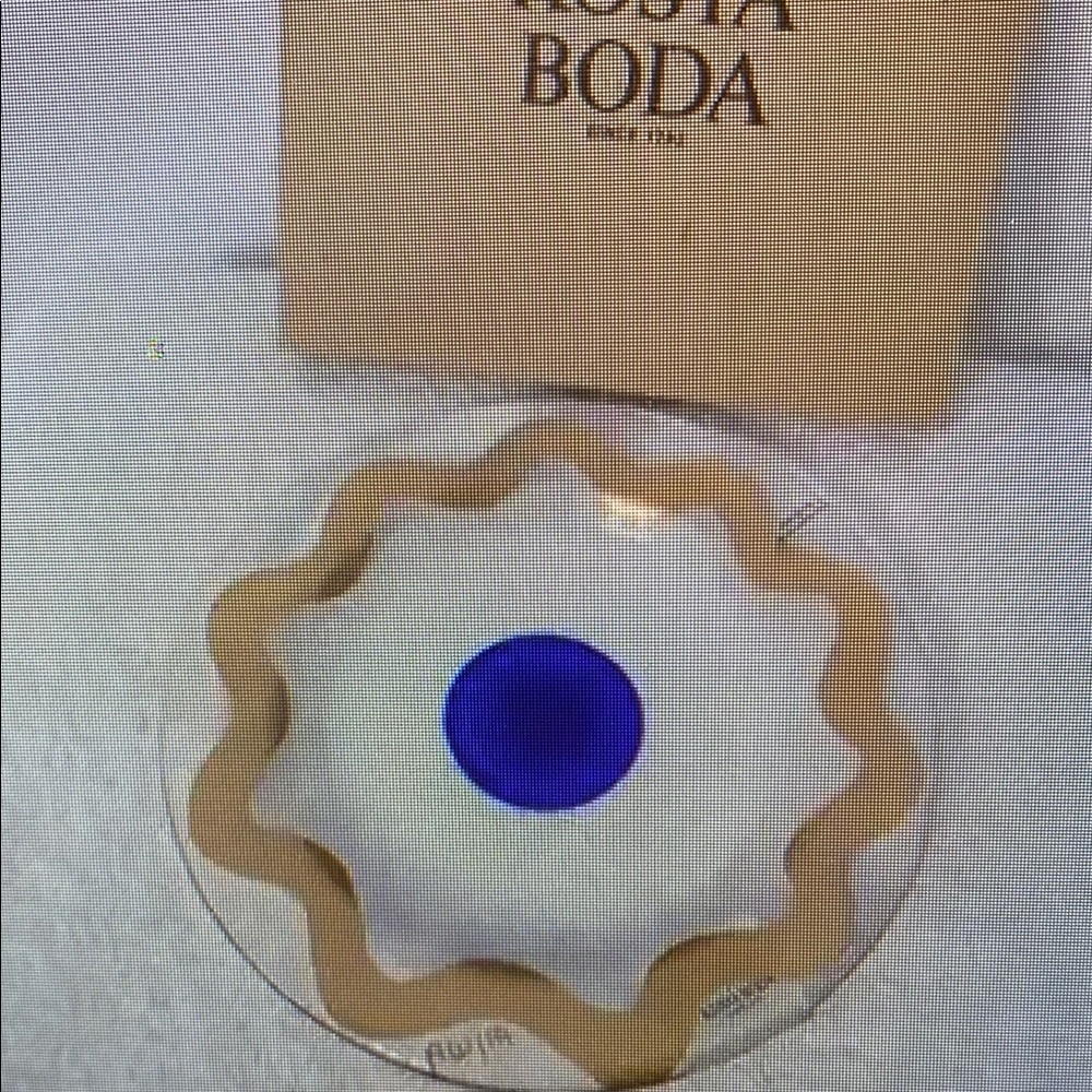 Kosta Boda Glass Cosmos Blue Dot Dessert Plate Gold Rim Signed 8" NEW IN BOX